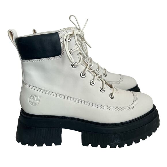 Timberland Leather Sky 6' Lace Up Platform Combat White Boots Size 10 - Picture 1 of 11